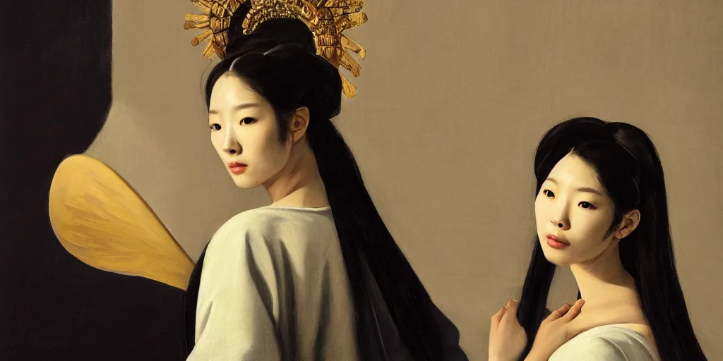 Image similar to a portrait of Kim Ji-soo as a very beautiful goddess with halo behind her head, seductively looking in front, beautiful aesthetic face, in the style of Caravaggio and Vermeer, realistic, dark, dramatic lighting