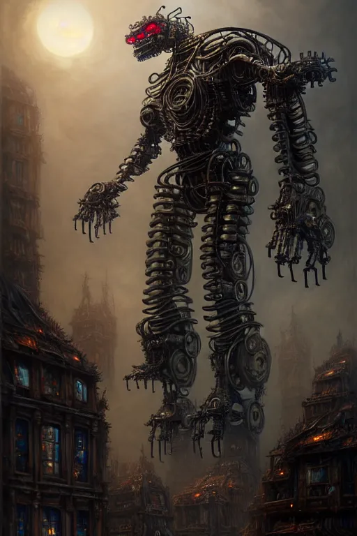 Image similar to A photorealistic 3d render of a robot monster cyborg made of circuits wide view shot by ellen jewett , tomasz alen kopera and Justin Gerard symmetrical features, ominous, magical realism, texture, intricate, ornate, royally decorated, android format, windows, many doors, roofs, complete house , whirling smoke, embers, red adornments, red torn fabric, radiant colors, fantasy, trending on artstation, volumetric lighting, micro details, 3d sculpture, ray tracing, 8k