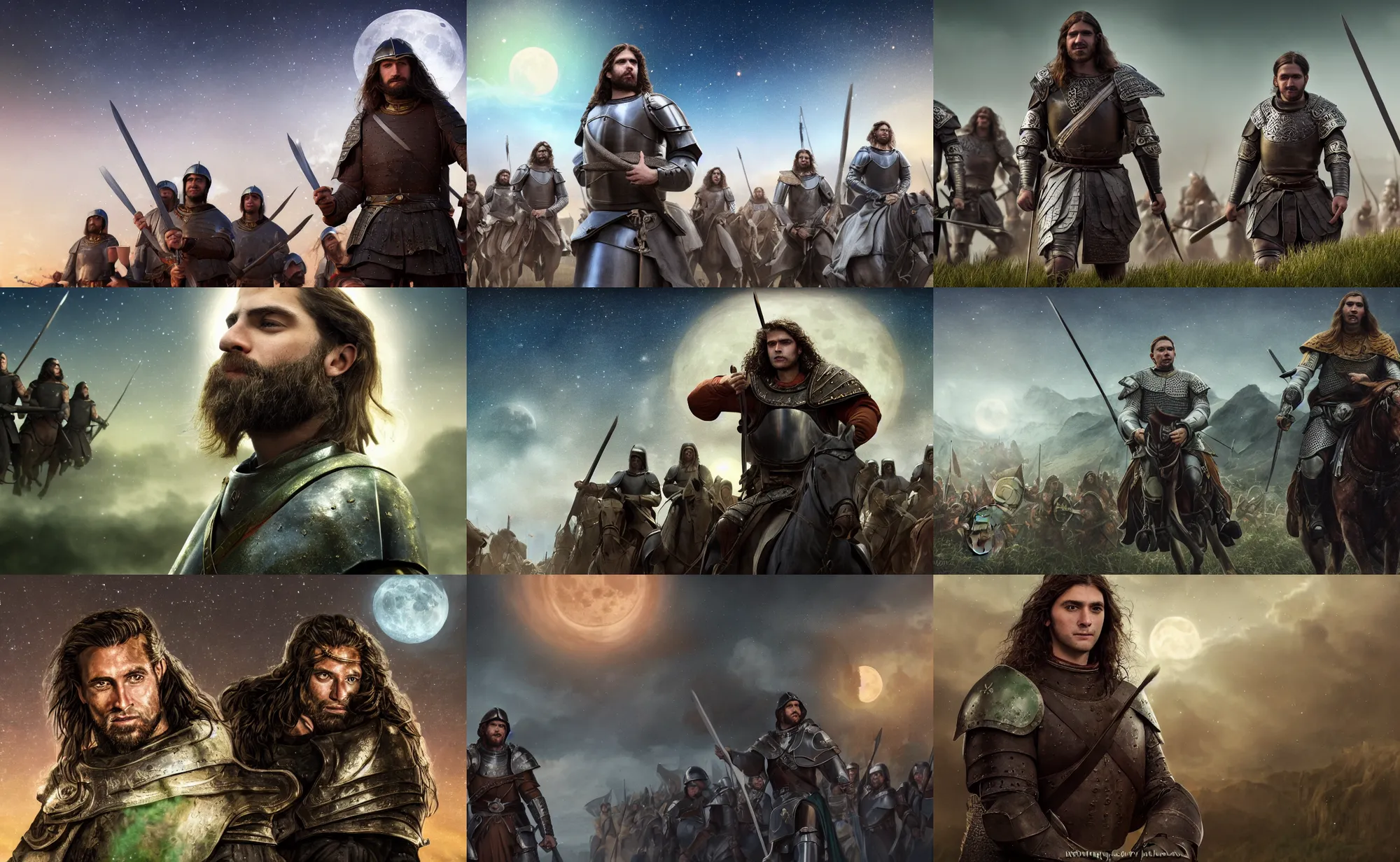 Prompt: cinematic artwork of a medieval commander in his twenties, clean shaven with long hair and green eyes, looking up at the cosmos with a slight smile on his face, standing in front of his warriors ready for battle by greg rutowski, 4 k, masterpiece, moon rays