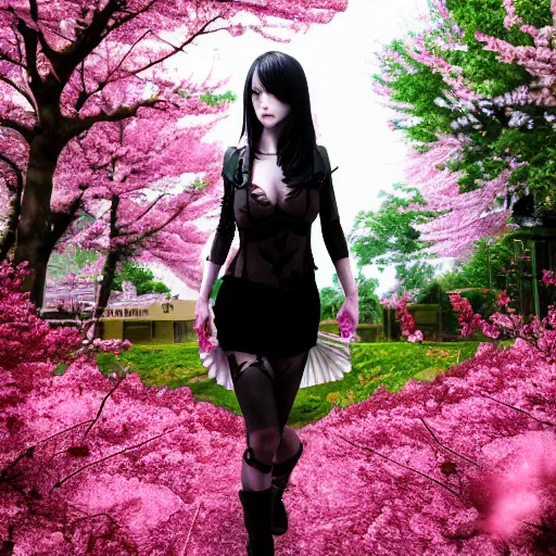 Image similar to hellish succubus walks under sakura trees