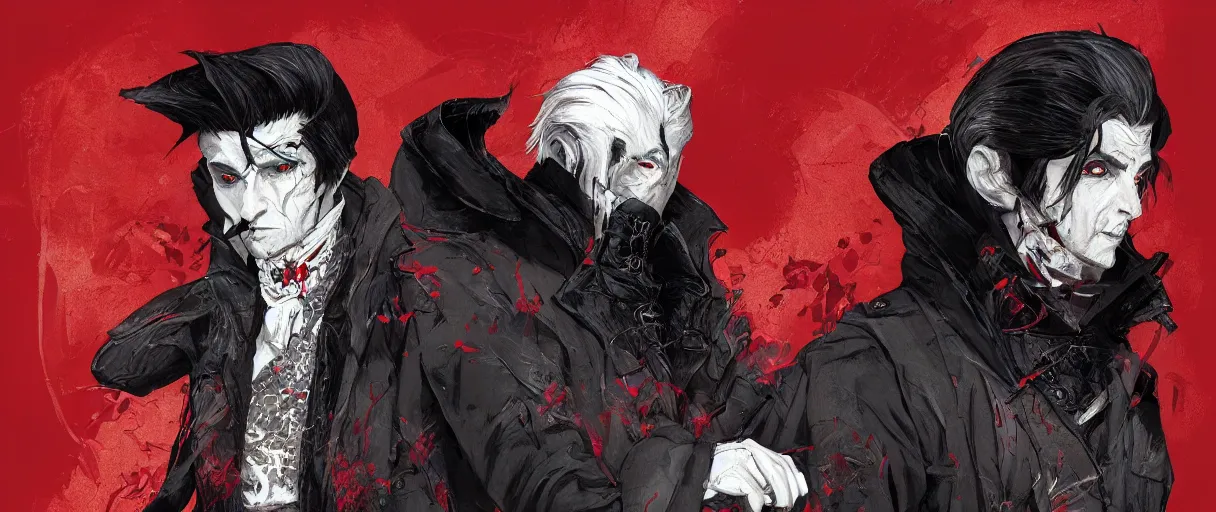 Prompt: duotone black and red background comic noir illustration emiel regis older vampire with white hair and sideburns wearing leather clothes of merchant. from wither 3. by sachin teng and sergey kolesov and ruan jia and heng z. graffiti art, scifi, fantasy, hyper detailed. octane render. concept art. trending on artstation