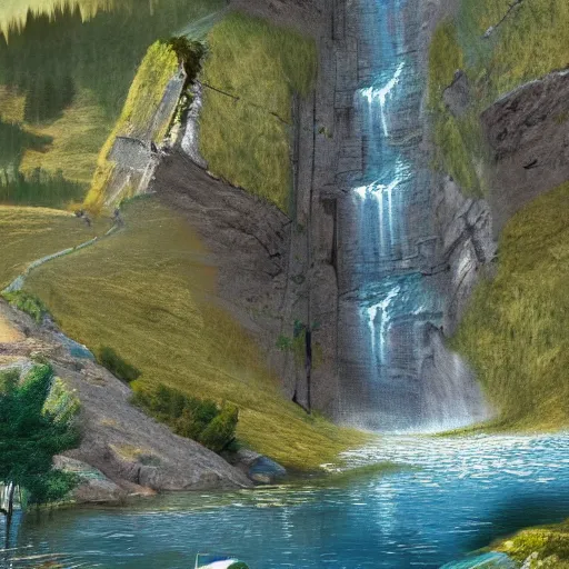 Prompt: A stone lake dam high in the mountains. The dam exploded in the middle creating a waterfall that overflows the river below. .Fantasy, concept art, sharp focus, artstation