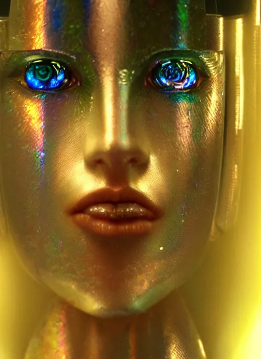 Prompt: hyper realistic and detailed closeup photo of a chrome female android with segmented iridescent scales and inner light in blade runner by annie leibovitz