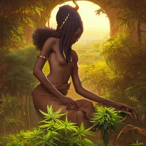 Image similar to an african marijuana!! goddess, by stephen bliss, unreal engine, fantasy art by greg rutkowski, loish, rhads, ferdinand knab, makoto shinkai and lois van baarle, ilya kuvshinov, rossdraws, tom bagshaw, moon light, radiant light, detailed and intricate environment