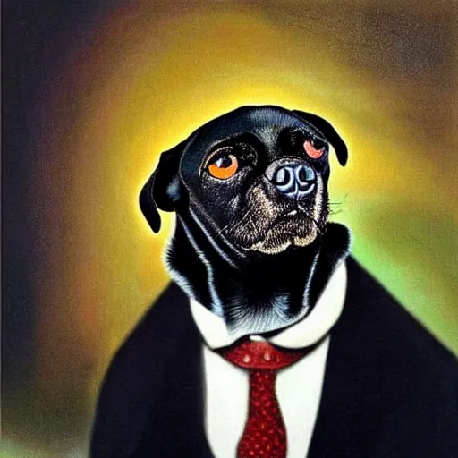 Image similar to a salvador dali portrait of black pugalier dog wearing suit and tie, surreal background, by salvador dali, trending on instagram, award winning details