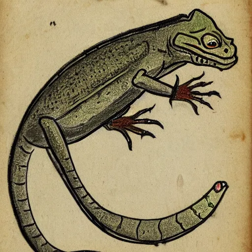 Image similar to medieval sketch of an exhausted anthropomorphic lizard