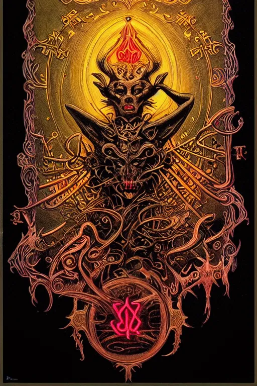 Prompt: the devil, full of color on black paper, symmetrical, forsaken spirits, golden ratio, elements, gold, neon, baroque, rococco, tarot card with ornate border frame, marc simonetti, paul pope, peter Mohrbacher, detailed, occult symbols, satanic ink illustration, by Charles Wess, Jeffrey Jones dynamic lighting