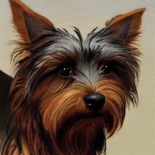 Image similar to brown and gray Yorkshire terrier dog, extremely detailed masterpiece, illustration, by Michael Sowa,