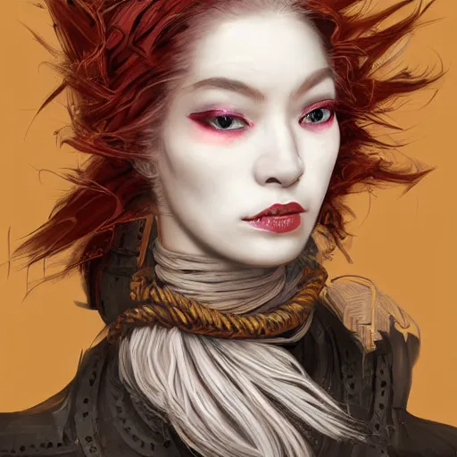 Image similar to portrait of a Shibari rope wrapped face and neck, headshot, insanely nice professional hair style, dramatic hair color, digital painting, of a old 15th century, old cyborg merchant, amber jewels, baroque, ornate clothing, scifi, realistic, hyperdetailed, chiaroscuro, concept art, art by Franz Hals and Jon Foster and Ayami Kojima and Amano and Karol Bak,