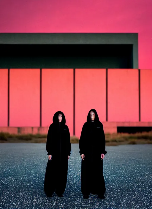 Image similar to cinestill 5 0 d photograph of 2 women wearing black techwear in front of a brutalist sharp - edged metal building, closeup, on a desolate plain, red glitter sky, sigma 8 5 mm f / 1. 4, 4 k, depth of field, high resolution, highly detailed, 4 k, 8 k, hd, full color, raw