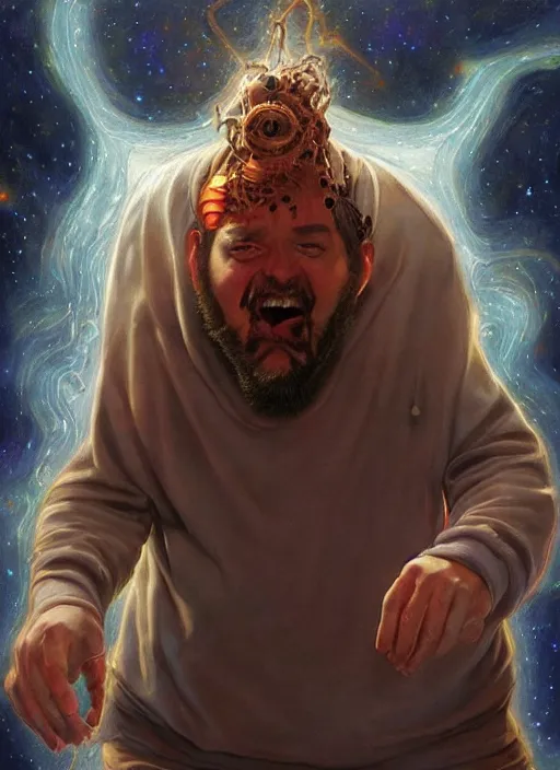 Prompt: kevin smith wearing the worlds biggest short - pants, cosmic horror painting, elegant intricate digital painting artstation concept art by mark brooks and brad kunkle detailed