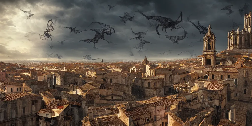 Image similar to the monumental city of caceres with dragons flying over it, dramatic lighting, cinematic, extremly high detail, photorealistic, cinematic lighting, post processed, concept art, artstation, matte painting, style by greg rutkowsky