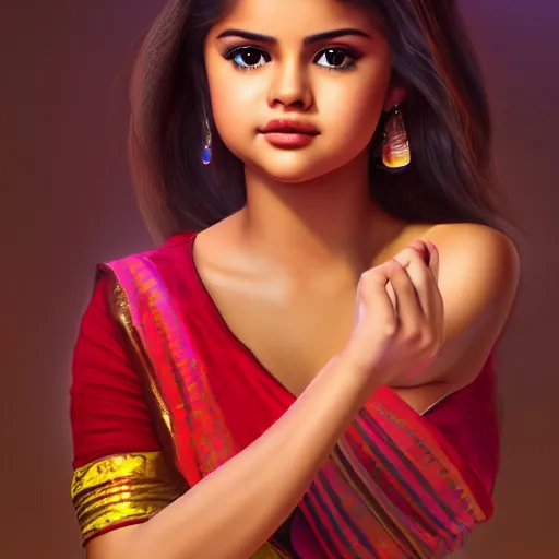 Prompt: theatrical press release ; young selena gomez in assamese mekhela dress doing bihu dance steps ; stunning digital artwork by artgerm ; cinematic movie pose ; photorealistic, hyperrealistic, dramatic soft rim light ; highly detailed ; face by wlop ; trending on artstation ; cinematography from music video