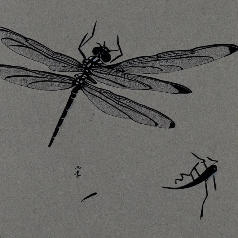 Prompt: a japanese style sumi - e, ink art, depicting a dragonfly leaning on a blade of grass in a peaceful pond. delicate ink brush.