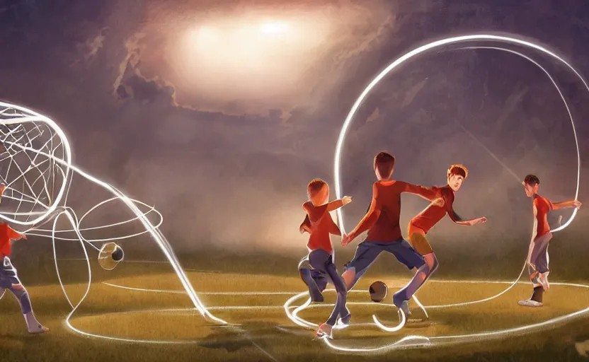 Image similar to young boys playing football and a spiral - shaped white luminous attractor is floating on the horizon in soviet city, concept art, art for the game, professional lighting, art by jehronym bosch