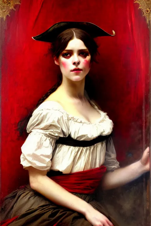 Prompt: solomon joseph solomon and richard schmid and jeremy lipking victorian genre painting full length portrait painting of a young beautiful woman traditional german french actress model pirate wench in fantasy costume, red background