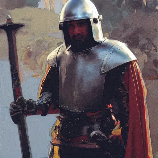 Image similar to man wearing gambeson and sallet helmet and raised sword, detailed by greg manchess, craig mullins, bernie fuchs, walter everett