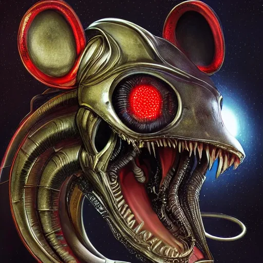 Prompt: mickey mouse xenomorph chimera lurkin in dark room portrait, round ears, two yellow buttons red pants, designed by h. r. giger, highly intricate detailed 8 k ultrarealistic octane render by artgerm and rutkowski and mucha