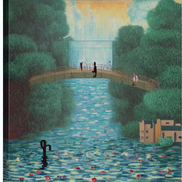 Image similar to painting of flood waters inside an apartment, emo catgirl art student, a river flooding inside, taps with running water, tangelos, zen, pigs, ikebana, water, river, rapids, waterfall, black swans, canoe, pomegranate, berries dripping, acrylic on canvas, surrealist, by magritte and monet