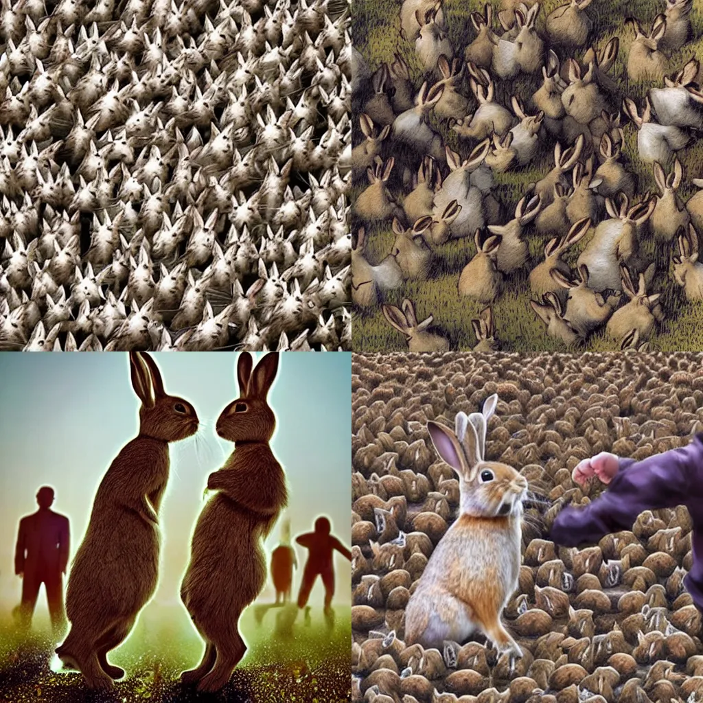 Prompt: millions of rabbit punching a human, realistic