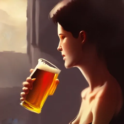 Image similar to a girl drinking beer, detailed digital art by greg rutkowski.