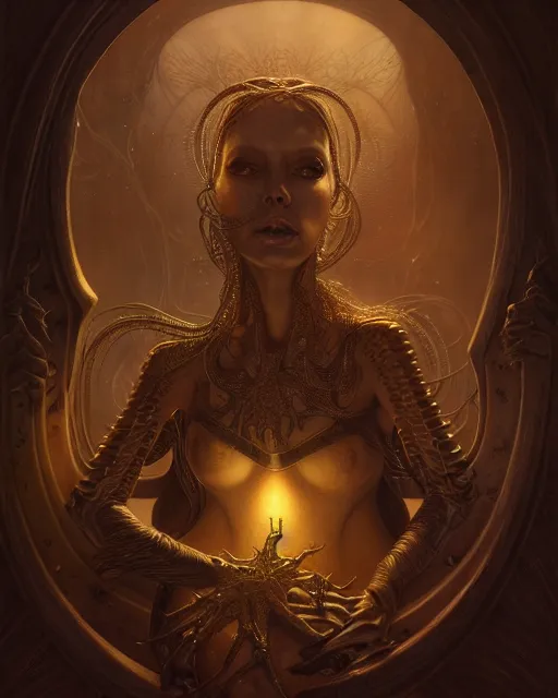 Image similar to fractal lovers by giger, golden ratio, deep focus, d & d, dark fantasy, intricate glow accents, elegant, highly detailed, digital painting, artstation, concept art, matte, sharp focus, octane render, hearthstone, art by artgerm and greg rutkowski and alphonse mucha