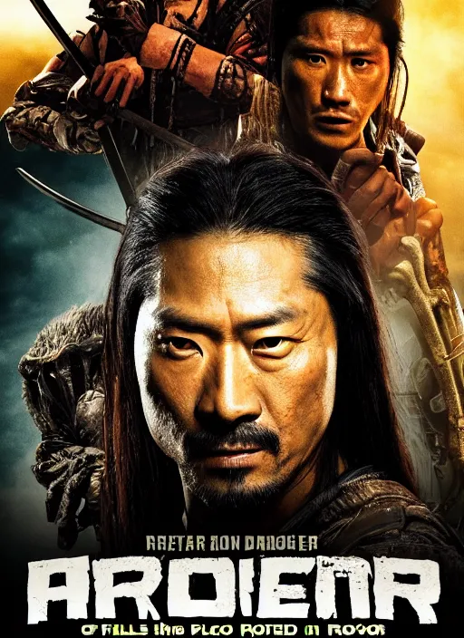 Image similar to movie poster for predator film shot in feudal japan staring hiroyuki sanada as a disgraced ronin, who hunts down the predator after he fails to protect his master from it