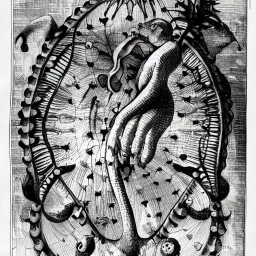 Image similar to whimsical freaky creature sings a unique canto about'as above so below'being ignited by the spirit of haeckel and robert fludd, breakthrough is iminent, glory be to the magic within