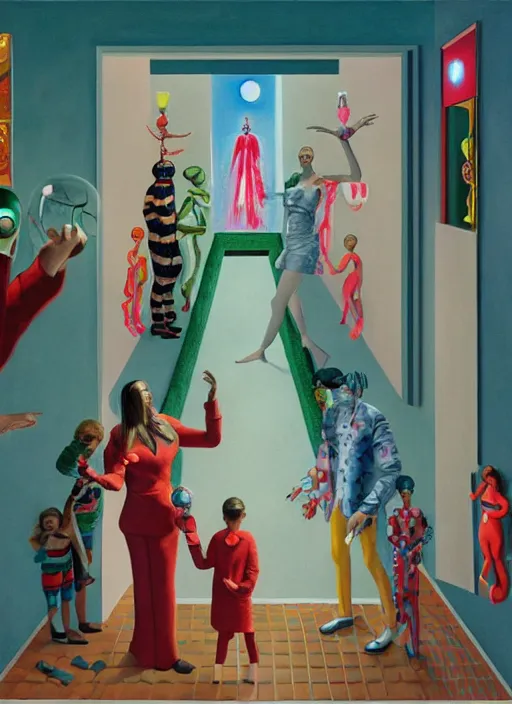 Image similar to painting of a gucci costumed family being shown how to open magic portals by a large glowing alien in their suburban living room maze, designed by gucci and wes anderson, energetic glowing orbs in the air, cinematic look, in the style of edward hopper, james jean, petra collins and mc. escher