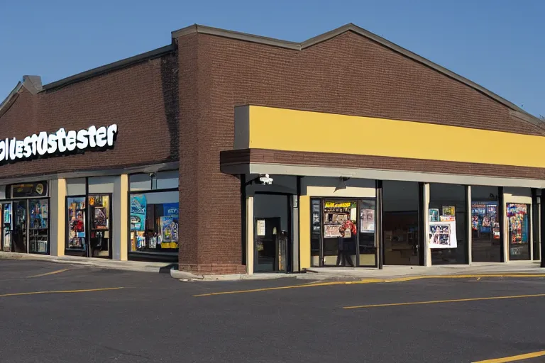 Prompt: the outside of a blockbuster store at a small town made by gregory crewdson