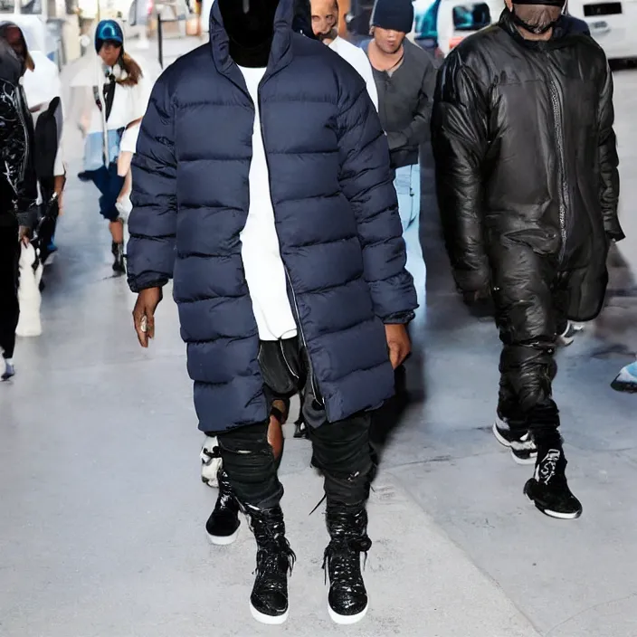 Image similar to kanye west using a full face covering black mask, a small, tight, child size reflective bright blue round puffer jacket made of nylon and big black balenciaga rubber boots,