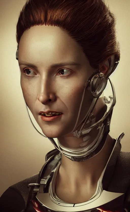 Image similar to portrait of a woman wearing a science fiction suit, technology, sci fi, beautiful detailed intricate insanely detailed octane render, 8K artistic photography, photorealistic, chiaroscuro, by Raphael, Caravaggio, directed by Denis Villeneuve, cinestill 800t