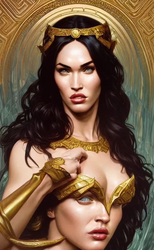 Image similar to portrait of megan fox as the goddess circe, greek mythology, intricate, headshot, highly detailed, digital painting, artstation, concept art, sharp focus, cinematic lighting, illustration, art by artgerm and greg rutkowski, alphonse mucha, cgsociety