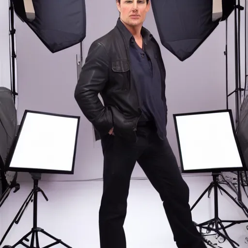 Prompt: A photo of Tom Cruise, Front view, promo shoot, studio lighting