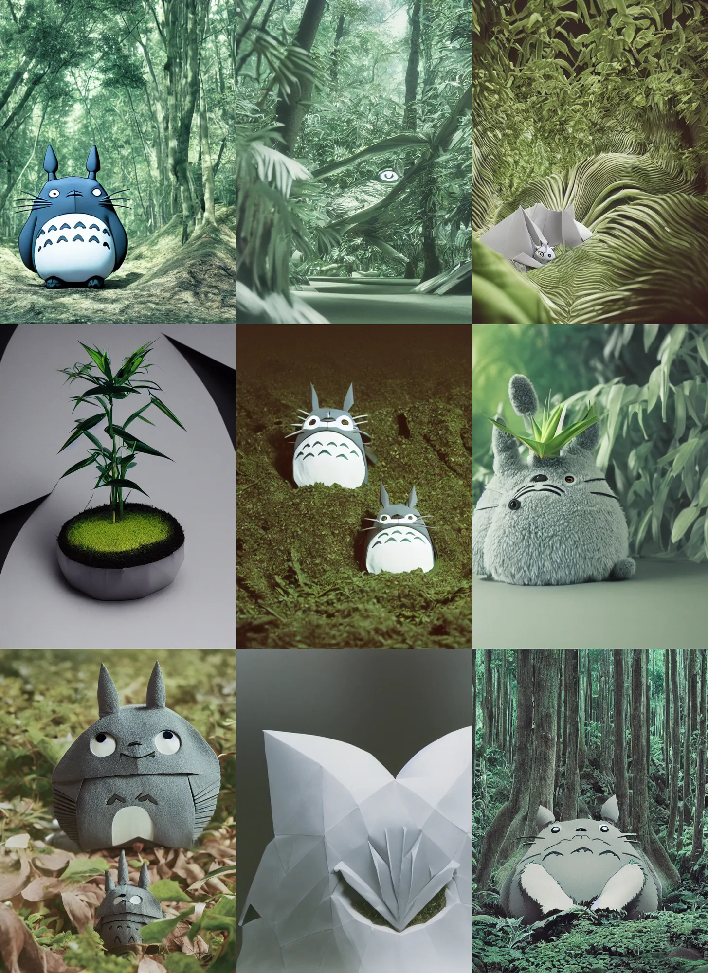 Prompt: totoro film still zaha hadid forests with a full still life seinen manga commercial photo of real - life origami plant, perfect eyes, cinestill, 8 k