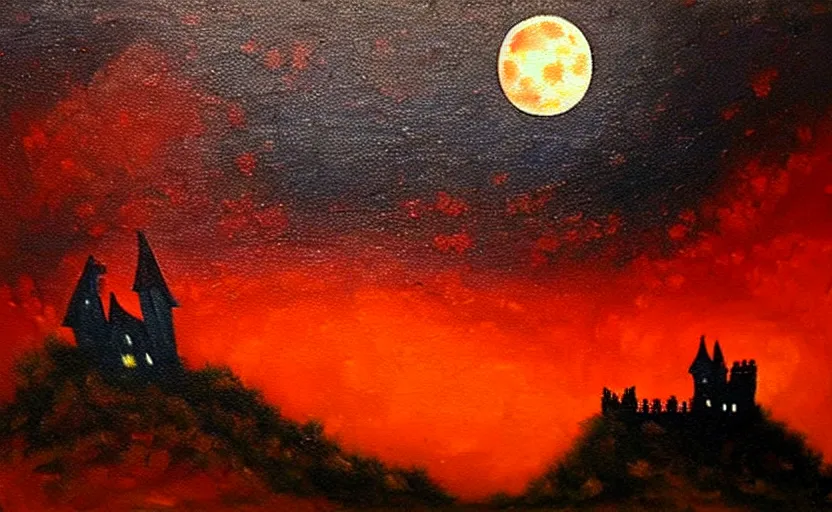 Prompt: red oil painting, full moon, french gothic burning! castle, fog!! clouds!! bats flying away from castle, blur, bokeh,