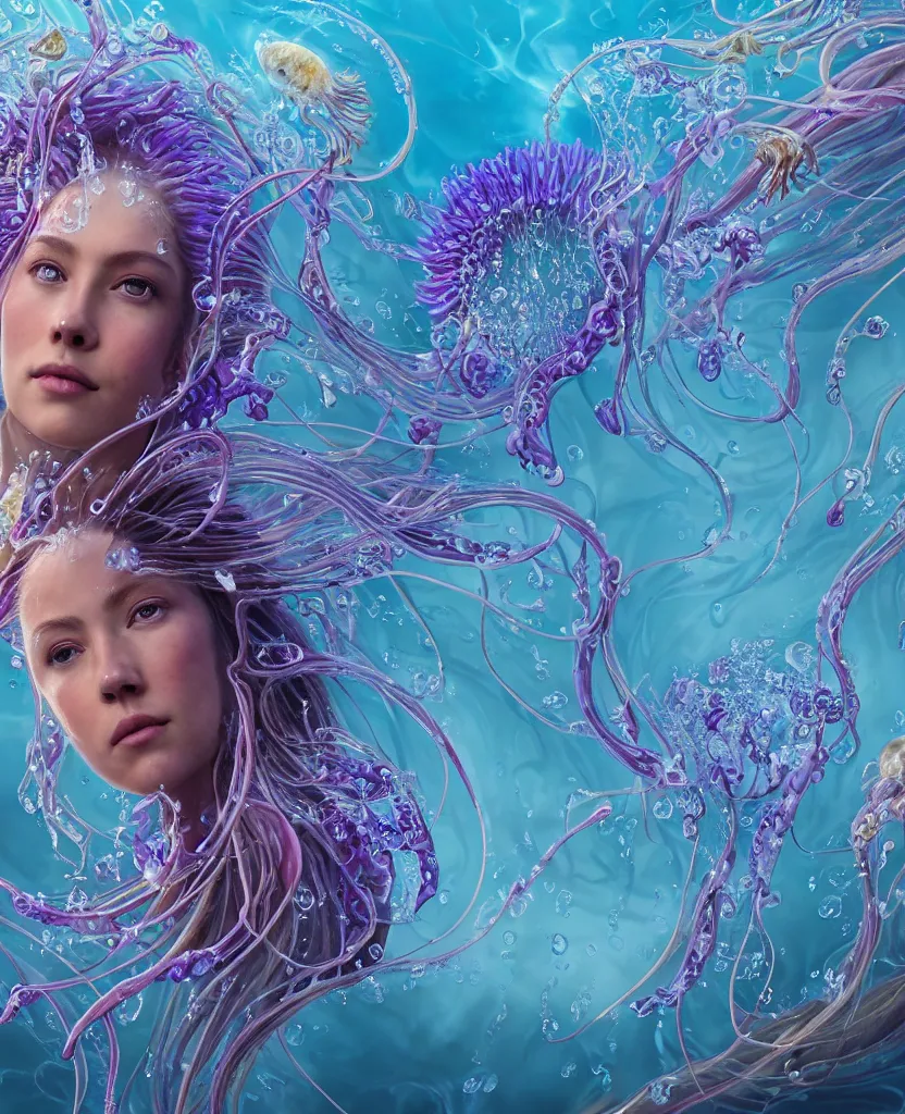 Image similar to close-up portrait of the face of a beautiful princess, surrounded by intricate twisted flowers orchid jellyfish and energy flow, water and plasma flow splashes, epic angle and pose, symmetrical artwork, 3d with depth of field, blurred background, floating jellyfish skull phoenix bird, translucent, nautilus, energy flows of water and fire. a highly detailed epic cinematic concept art CG render. made in Maya, Blender and Photoshop, octane render, excellent composition, cinematic dystopian brutalist atmosphere, dynamic dramatic cinematic lighting, aesthetic, very inspirational, arthouse. y Greg Rutkowski, Ilya Kuvshinov, WLOP, Stanley Artgerm Lau, Ruan Jia and Fenghua Zhong