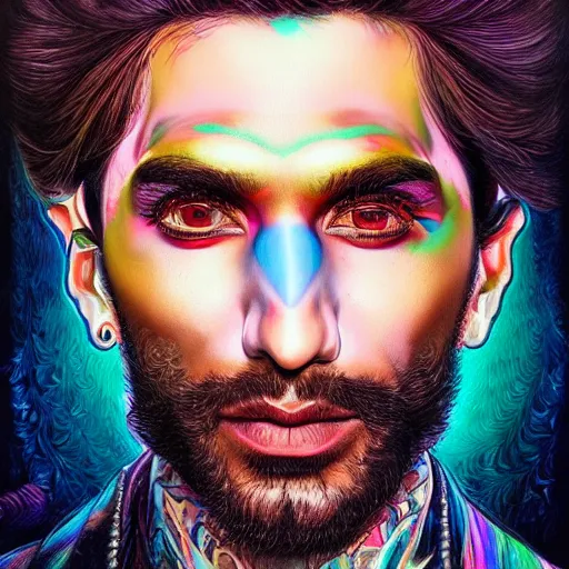 Image similar to portrait of ranveer singh, hyper detailed masterpiece, neon floral pattern, jean giraud, digital art painting, darkwave goth aesthetic, psychedelic, artgerm, donato giancola and tom bagshaw