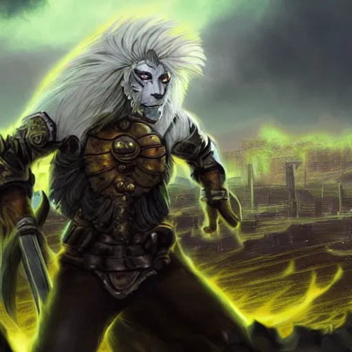 Image similar to Lionman with white hair and glowing yellow eyes wearing leather armor, walking towards the camera, burning city in background, charred landscape, full body art, wielding a longsword, fantasy art, Dim Lighting