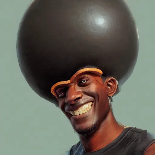 Prompt: front portrait of a goofy looking neutral emotion black guy with a watermelon fruit helmet that covers only the top of his head by greg rutkowski