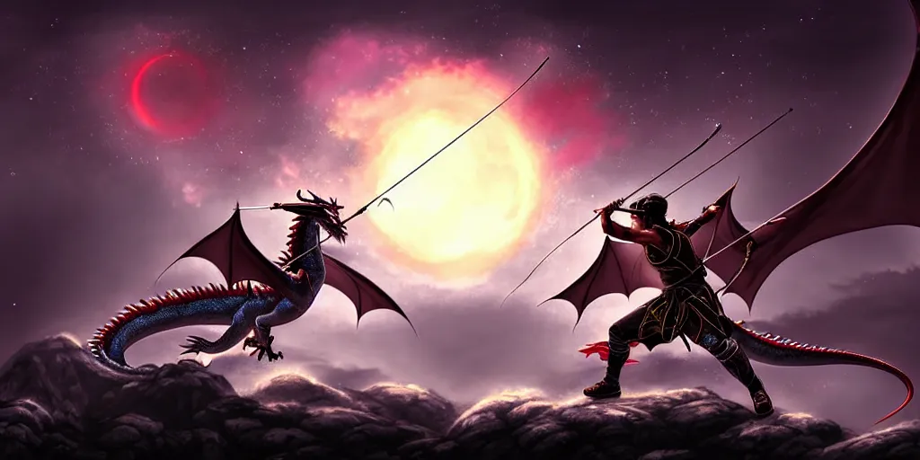 Image similar to korean archer fighting a dragon under the night sky. the archer is in the ground. the dragon in the sky. dark fantasy. high resolution. dungeons and dragons. fantasy. detailed. digital art. dark fantasy.