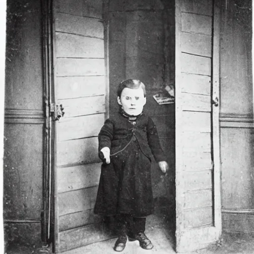 Image similar to an old photograph of a victorian child facing away from the camera, pointing at a glowing doorway