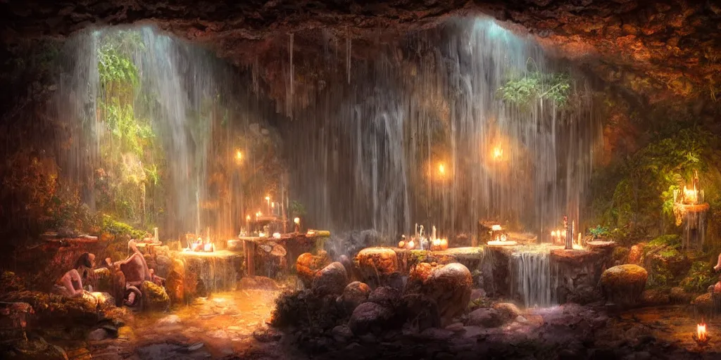 Prompt: detailed interior of cozy hotsprings hidden inside a cave, small waterfalls, lush vegetation, flowers, towels, plates of fruit, candlelight, digital painting, concept art, light shafts, stunning atmosphere, by gerald brom, cinematic lighting