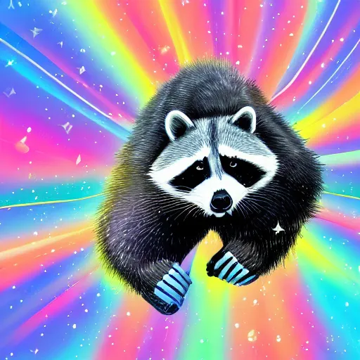 Prompt: fat raccoon skating through space, colorful, realistic, photorealism