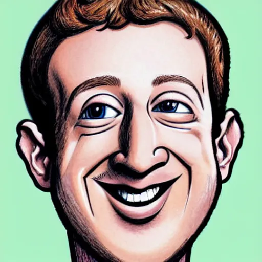 Image similar to a caricature portrait of Mark Zuckerberg drawn by Mort Drucker Mad Magazine