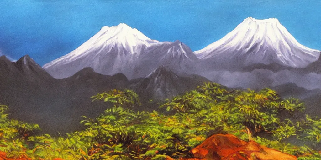 Prompt: painting of mount kinabalu by bob ross