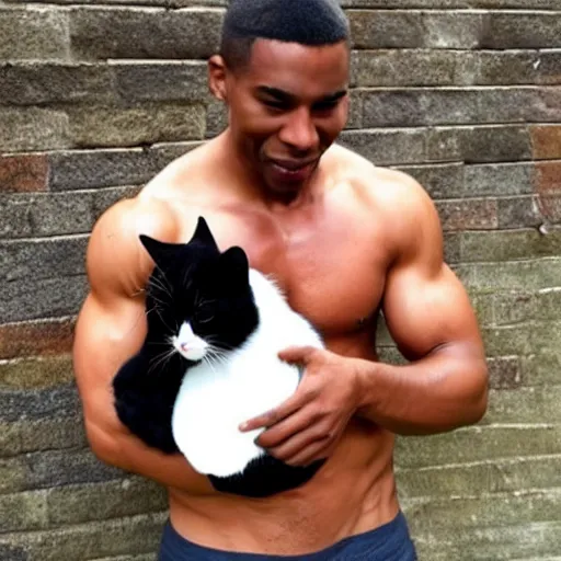 Prompt: muscular shirtless black man holding a cat