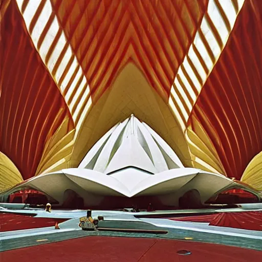 Image similar to futuristic lotus temple space station with gold, red and white marble panels, by buckminster fuller and syd mead, intricate contemporary architecture, photo journalism, photography, cinematic, national geographic photoshoot