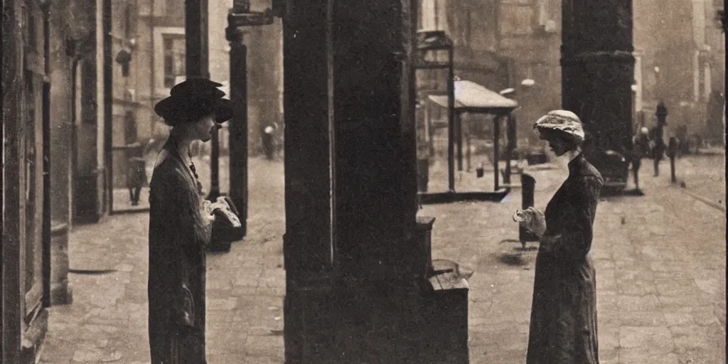 Prompt: a young woman with freckles looks deeply into the camera, 1920's london street, art nouveau, dark streets, grungy, style of Joel Meyerowitz, gustav klimpt, colour painterly