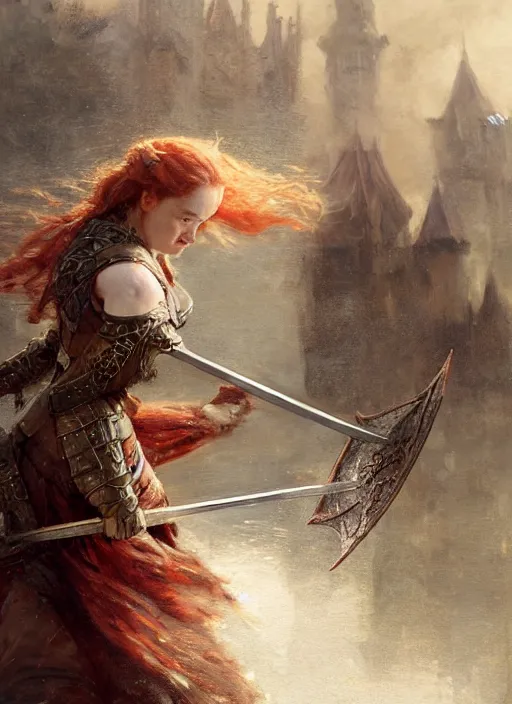 Prompt: short muscular redhead woman wearing realistic medieval armour, emilia clarke, detailed by gaston bussiere, bayard wu, greg rutkowski, maxim verehin, greg rutkowski, masterpiece, sharp focus, cinematic lightning